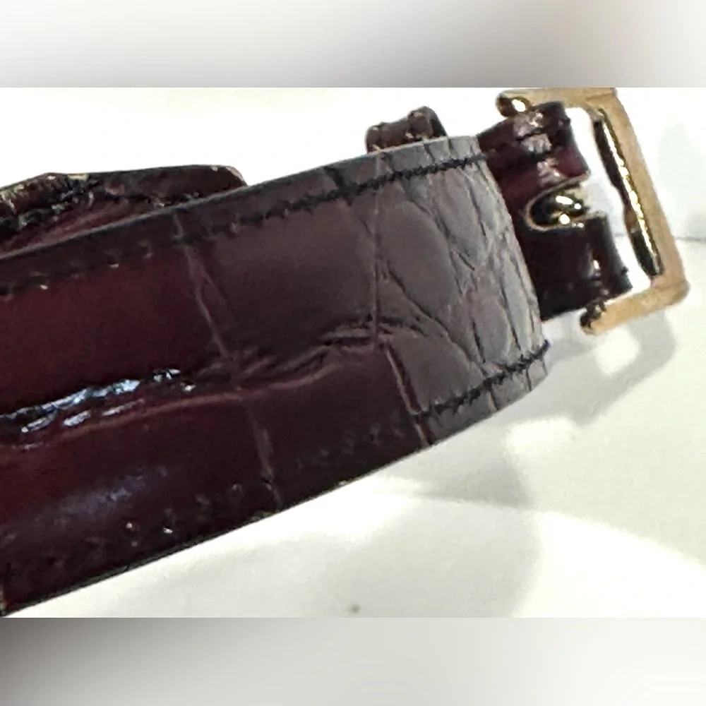 BILL BLASS DESIGNER CORDOVAN BROWN LEATHER BELT, CROCO-EMBOSSED, GOLD BUCKLE,